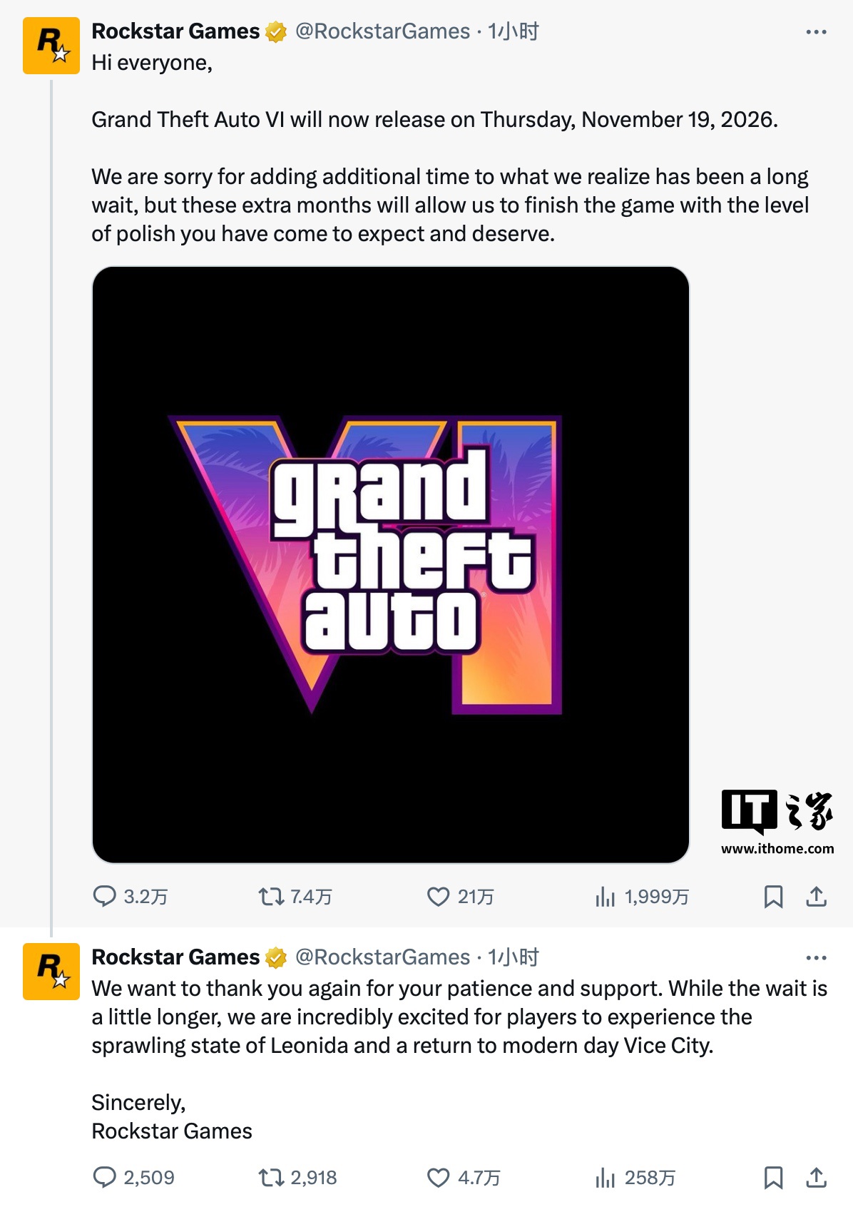 R 星宣布游戏《GTA 6》跳票至 2026 年 11 月 19 日发售