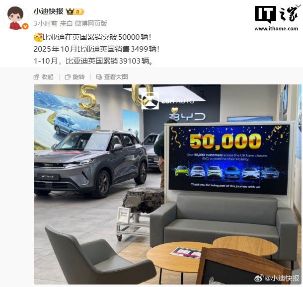 比亚迪英国销量突破 5 万辆，10 月单月销售近 3500 辆