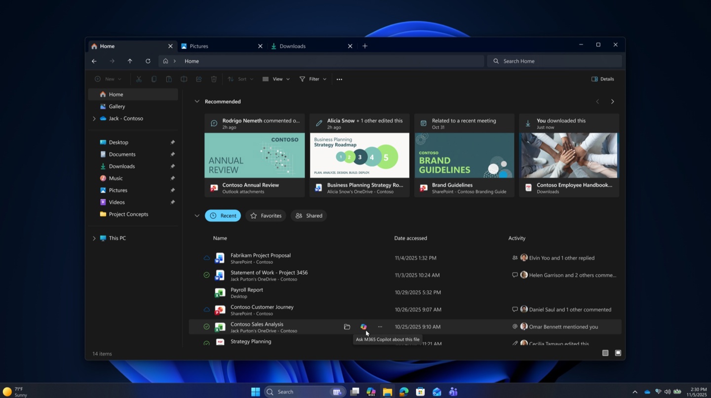 微软测试 Win11 系统新 AI 体验：文件一键分析，文本随心改写