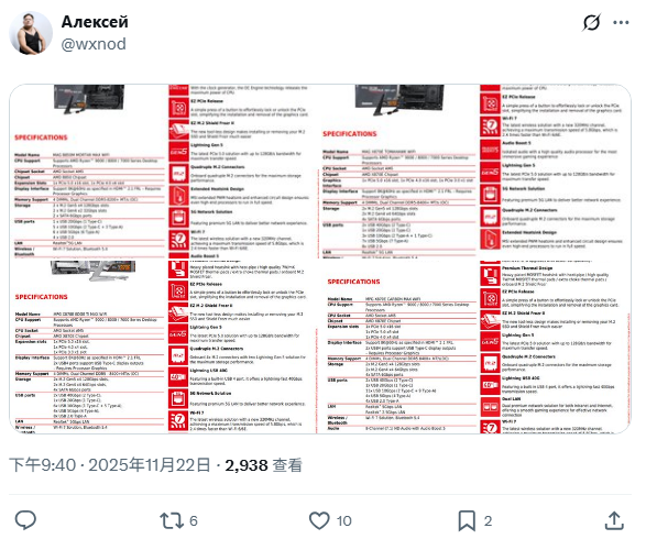 微星 800 系列主板新品曝光：升级 64 MB BIOS，为 AMD Zen 6 锐龙 CPU 做好准备