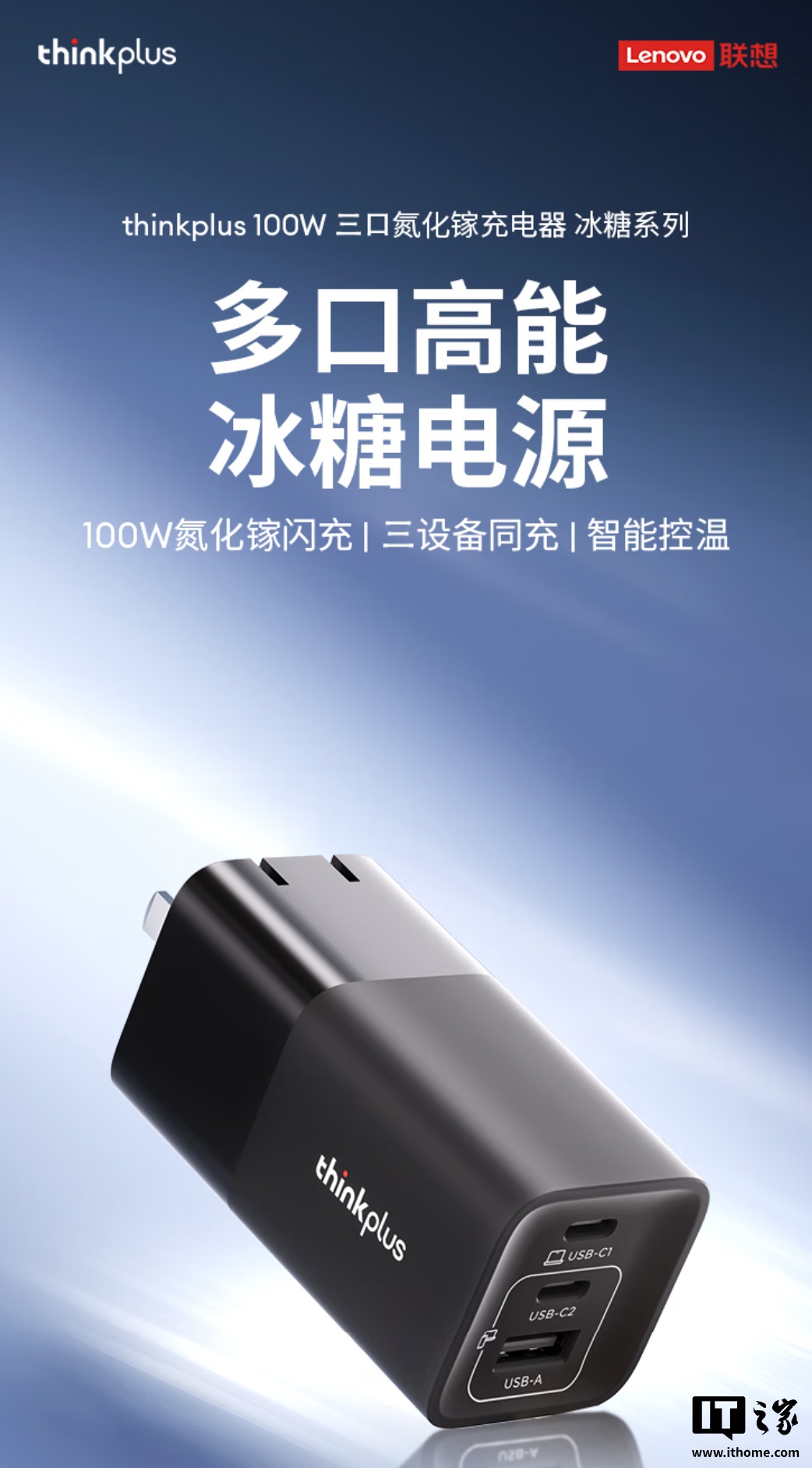 249 元：联想 thinkplus 100W 三口氮化镓充电器开售，兼容 PD3.0/PPS 等充电协议