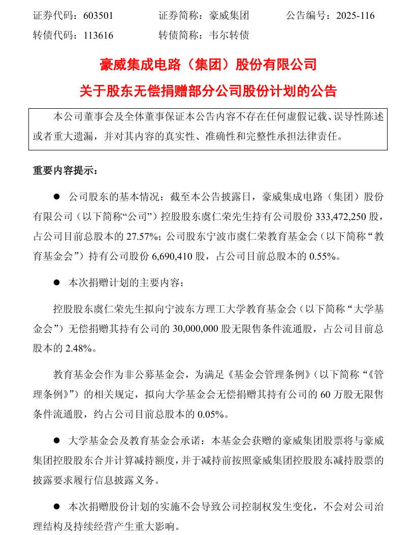 宁波东方理工大学揭牌成立，豪威集团虞仁荣再捐价值 36 亿元股份