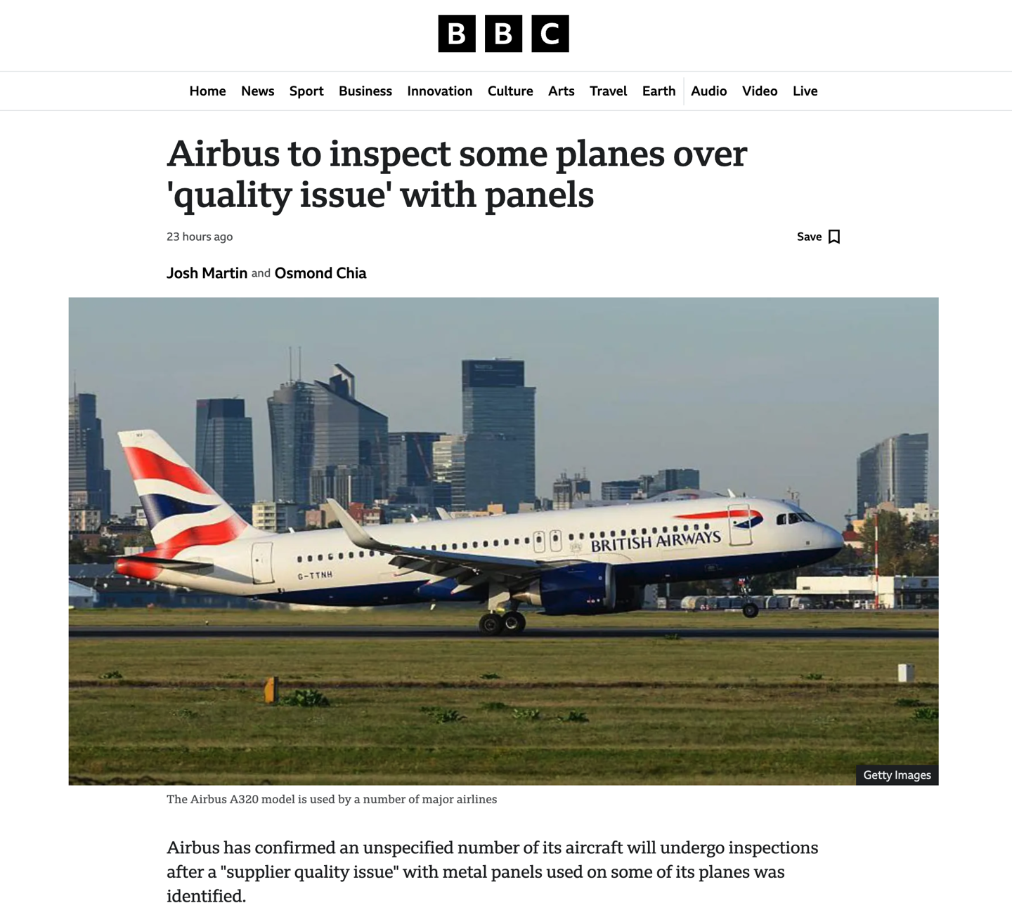 因金属面板存在质量问题，空客将检查 A320 系列飞机部分机体