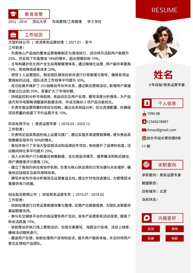 红色商务运营个人简历模板