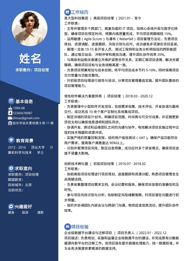 5年经验项目经理大气个人简历模板