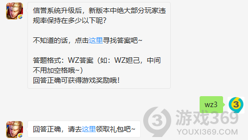 信誉系统升级后，新版本中绝大部分玩家违规率保持在多少以下呢？11月6日正确答案_王者荣耀每日一题