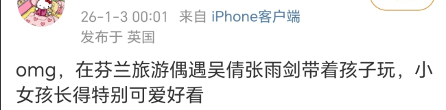 复合信号拉满！离婚三年吴倩张雨剑带娃同游芬兰