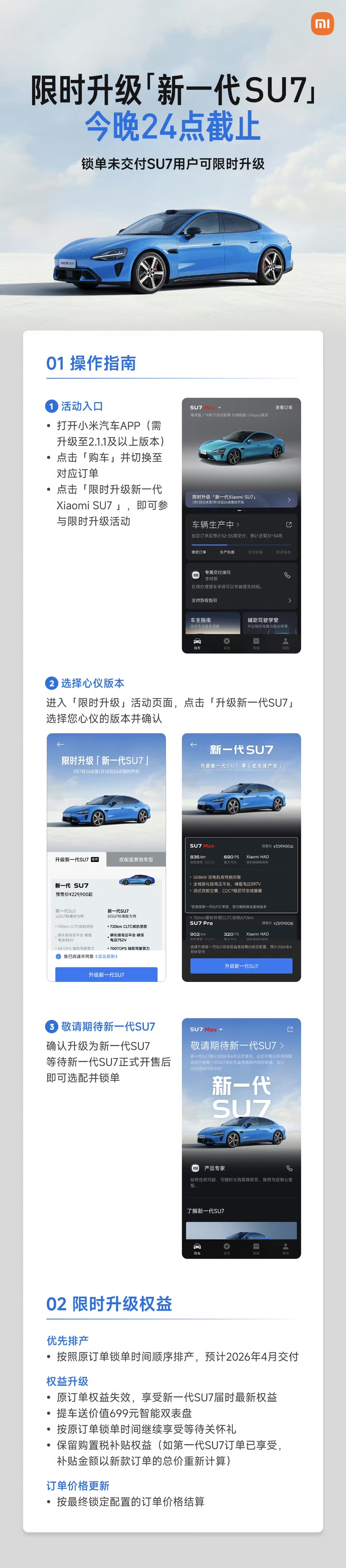 小米汽车：锁单未交付 SU7 用户限时升级新一代今晚 24 点截止