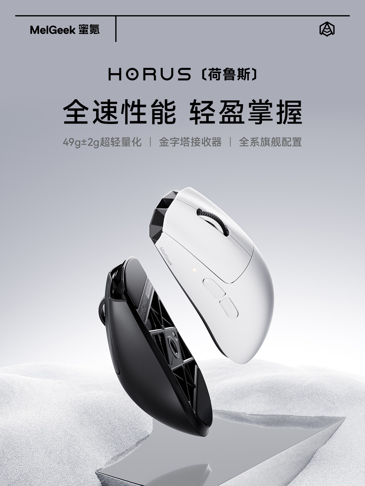 MelGeek 首款鼠标荷鲁斯发布：54L + PAW3950，底面镂空模具 49g