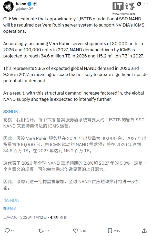 NAND 涨价警告：花旗预测英伟达 Vera Rubin AI 系统将推动 PB 级 SSD 需求