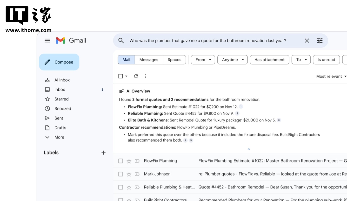 谷歌将 Gemini AI 助理引入 Gmail，可提供对话摘要、问答等功能