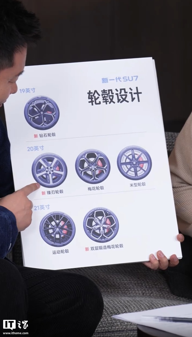 新一代小米 SU7 轮毂设计公布，共有 6 款可选