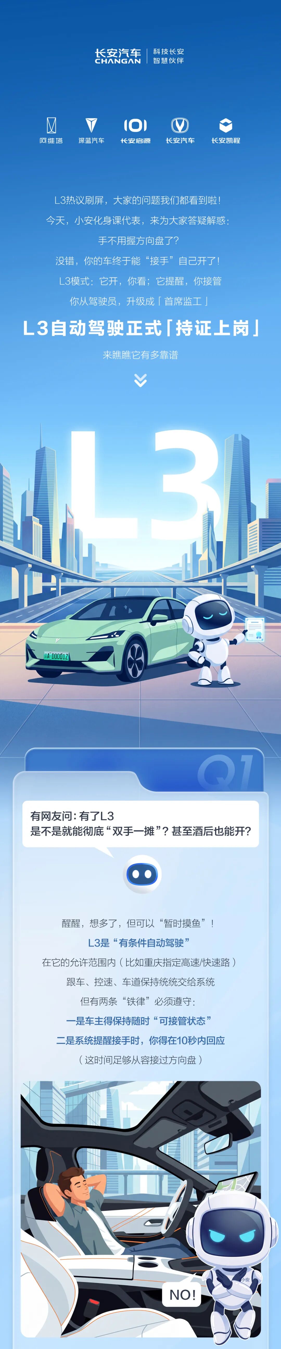 长安汽车谈 L3 级自动驾驶：车主须保持随时可接管状态，系统提醒后须在 10 秒内回应