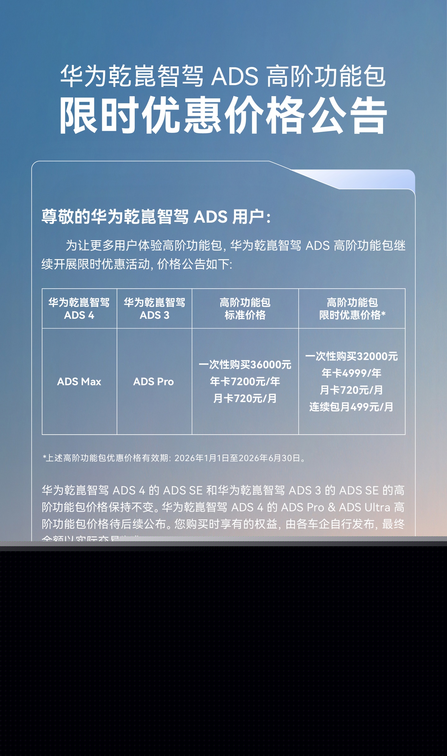 华为乾崑智驾 ADS 高阶功能包限时优惠：4 Max / 3 Pro 版本一次性购买 3.2 万元
