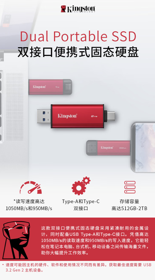 金士顿推出双接口 USB-C 3.2 U 盘：提供 512G-2T，读速至高 1050MB/s，699 元起