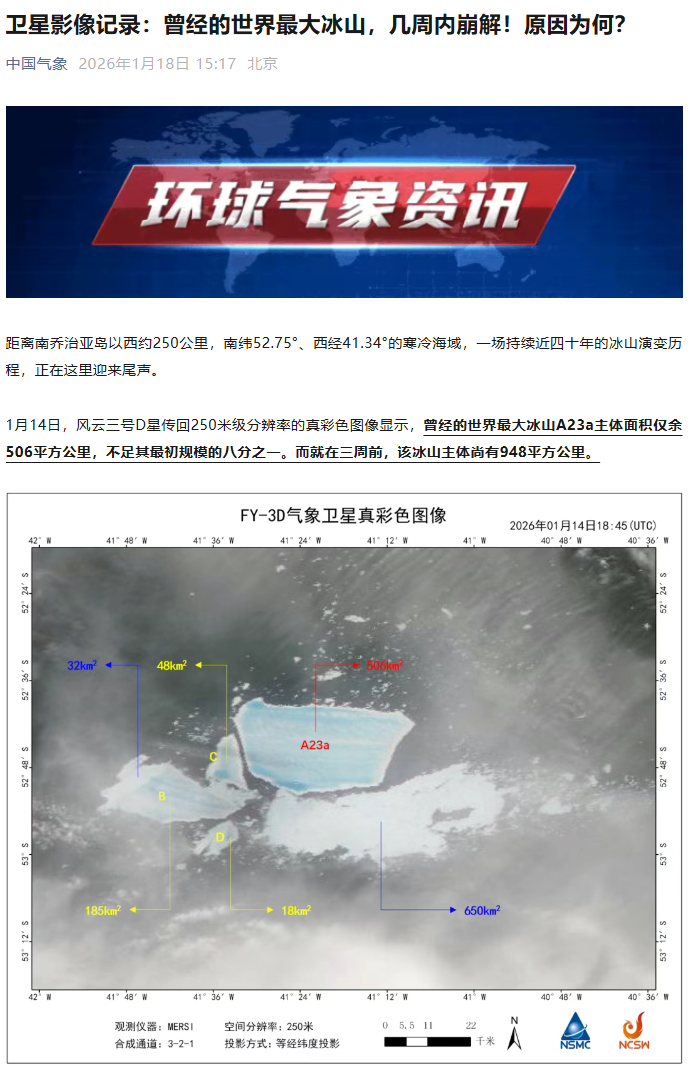 风云三号卫星监测：世界最大冰山 A23a 或几周内完全瓦解