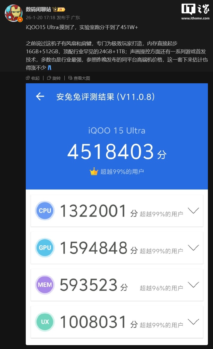 消息称 iQOO 15 Ultra 手机起跳配置 16GB+512GB，顶配为 24GB+1TB