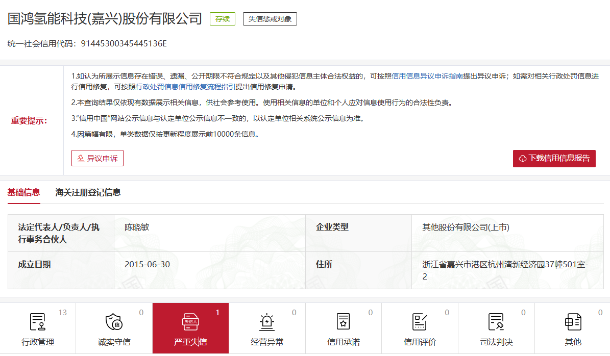 突发！国鸿氢能（嘉兴）公司被列入失信被执行人