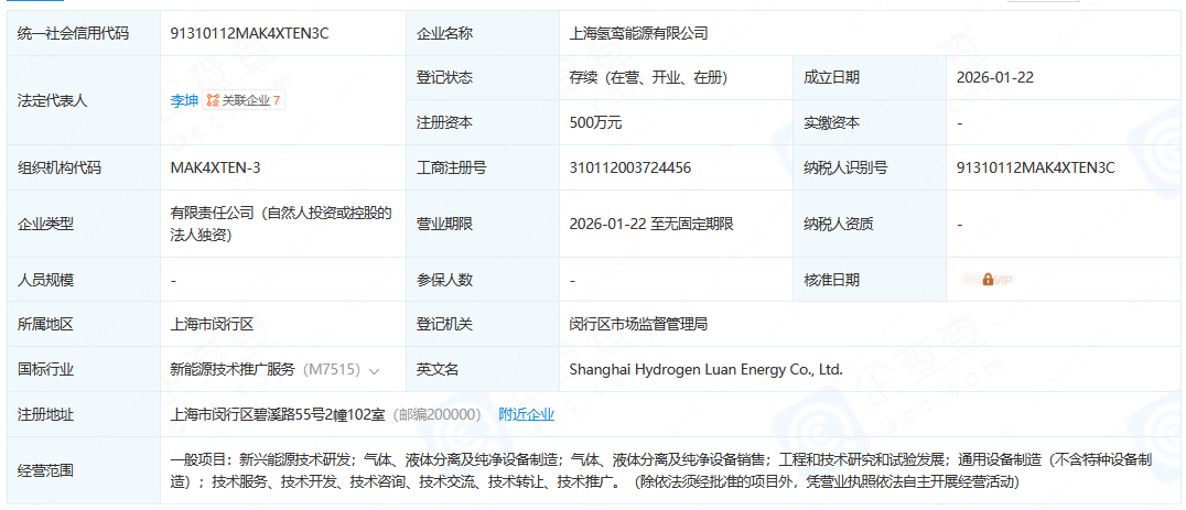 注资500万！上海氢鸾能源有限公司成立