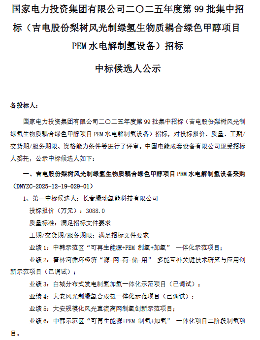 长春绿动/兴燃科技入围！国家电投PEM水电解制氢设备中标候选人公示