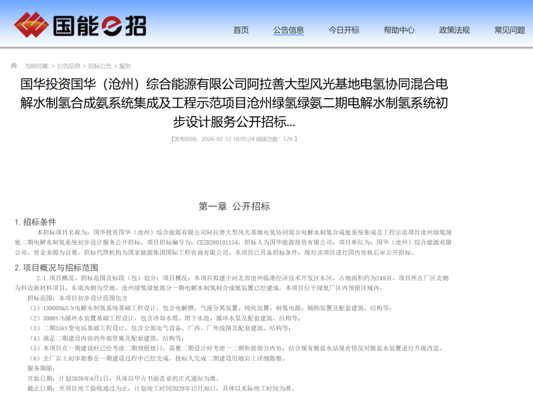 13000Nm³/h！国家能源集团沧州绿氢绿氨项目设计招标