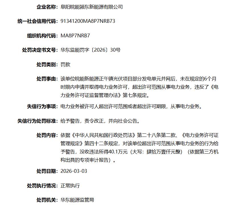 安徽一光伏项目违规，被没收违法所得40.1万元！