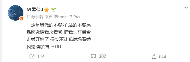 孟佳发文称品牌方保安不让她看秀：是我做的不够好